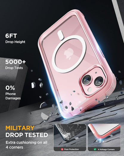Miracase Glass Series for iPhone 15 Case [Compatible with MagSafe] Full-Body Magnetic Case with Built-in 9H Tempered Glass Anti-Fingerprint Screen Protector + Camera Lens Protector, Baby Pink