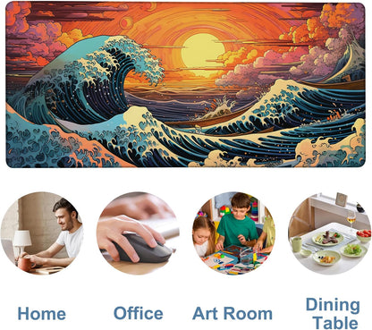 Gaming Desk Pad Large Extra Length Japanese Blue Waves Mouse Pad Keyboard Laptop Non-Slip Waterproof with Rubber Base Thick Stitched Edge Mouse Mat for Office Home 35.4 x 15.7 Inches