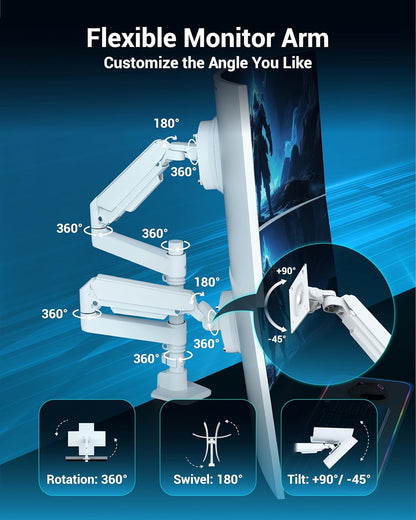 Dual Monitor Arm for 13-49 Inch Ultrawide Screens, Heavy Duty Monitor Mount for 2 Monitors up to 44lbs, Full Motion Vertical Stacked Dual Monitor Arm Desk Mount, 75/100mm VESA Mount, White