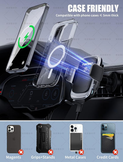 TOPGO Dashboard Wireless Car Charger, Universal Cell Phone Holder, Wireless Charger Phone Holder, 15W Fast Charging for iPhone16 Pro Max, Samsung Galaxy - Black