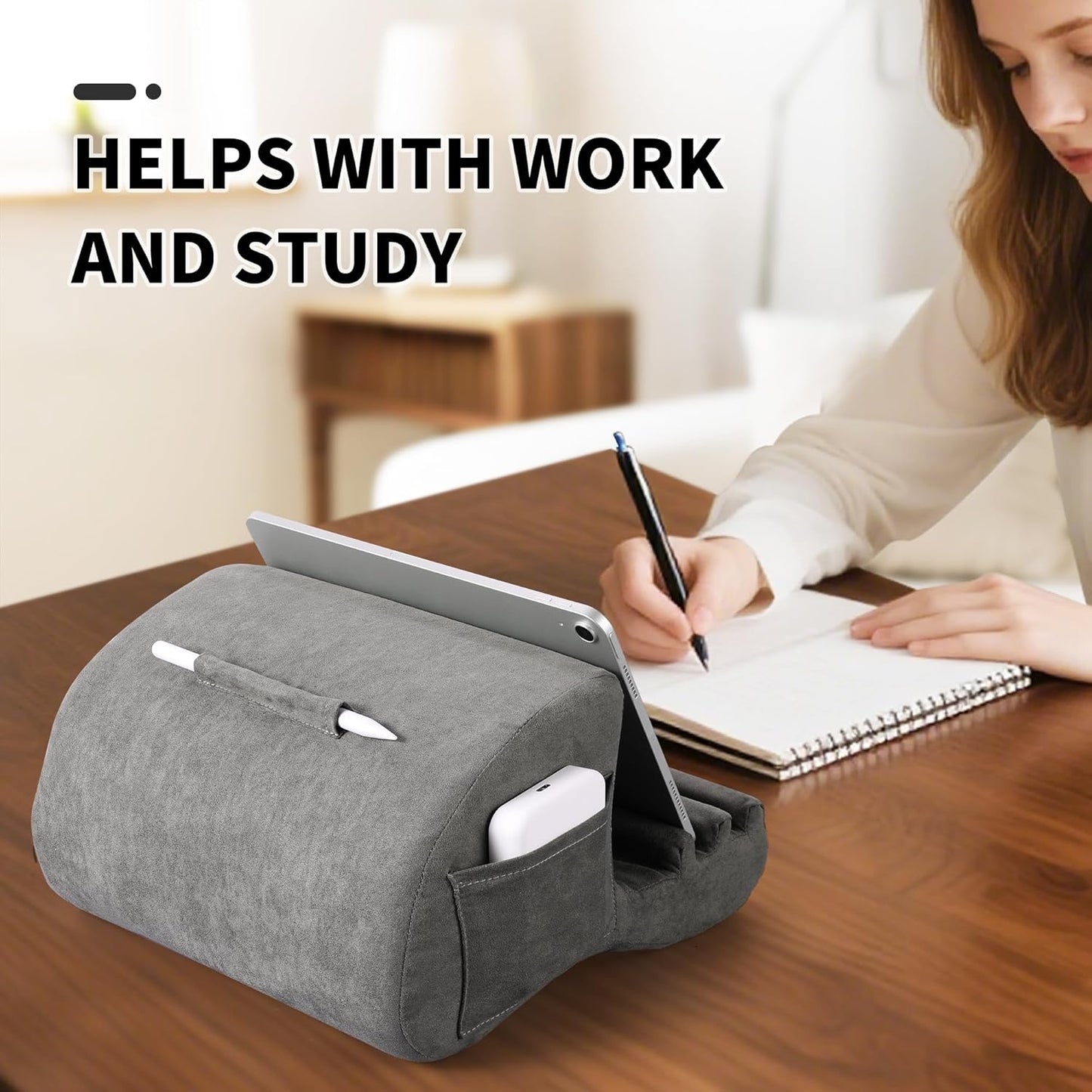 CreaDream Tablet Pillow Stand, Pillow Pad for IPad, Tablet Holder for Bed, Lap and Desk with 3 Viewing Angles, Tablet Accessory Compatible with 4-13 inch Kindle, Galaxy Tab, E-Reader (Gray)