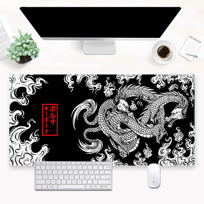 Black and White Mouse Pad Extra Large Gaming Mousepad XL Dragon Desk Mats Japanese Full Desk Keyboard Mat Computer Pad Desk Matt with Stitched Edges Non-Slip Desktop Mat 31.5 x15.7 in