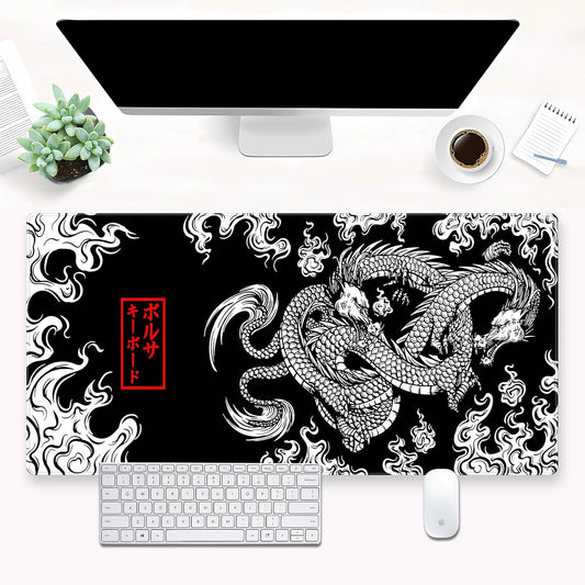 Black and White Mouse Pad Extra Large Gaming Mousepad XL Dragon Desk Mats Japanese Full Desk Keyboard Mat Computer Pad Desk Matt with Stitched Edges Non-Slip Desktop Mat 31.5 x15.7 in