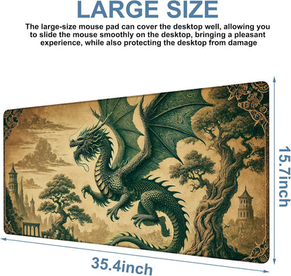 Vintage-Style Dragon Gaming Mouse Pad 3mm Thick Stitched Edge Waterproof Non-Slip Large Computer Keyboard Mouse Mat,Suitable for Office Entertainment Decorative Desk Pad 35.4 x 15.7 Inches