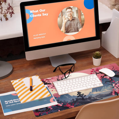 Pink Cherry Blossom Tree Desk Pad, Mountains and Sun Large Gaming Mouse Mat, Extended Big Computer Keyboard Pad With Non-Slip Base and Stitched Edge, 31.5"x11.8"