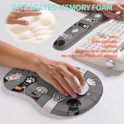2-in-1 Ergonomic Set, Wave Rise Keyboard Wrist Rest and Massage Bulge Slope Mouse Pad Wrist Support, Cushion Memory Foam Integrated to Relieve Wrist Pain, Cute Cat Paws
