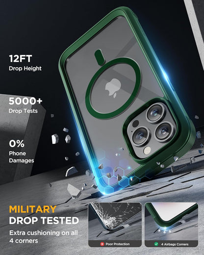 Miracase Magnetic for iPhone 12 Pro Max Case [Compatible with MagSafe] Full-Body Phone case with Built-in Glass Screen Protector& Camera Protector, Military Drop Proof 12 Pro Max Cover, Green