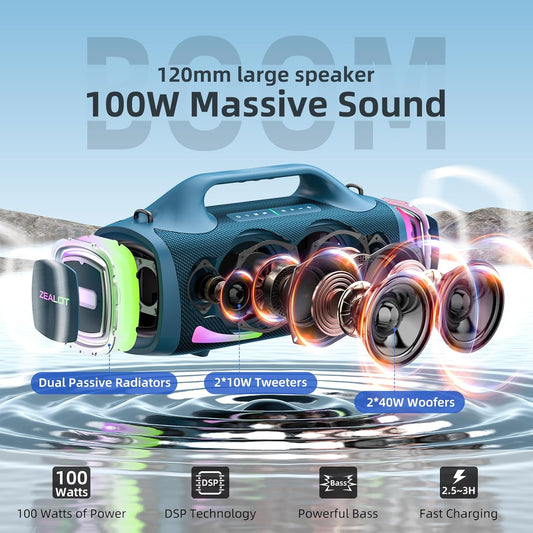 ZEALOT Bluetooth Speaker, 110W Peak(100W) Booming Sound Speakers Wireless, Dual Pairing, XBass, BT 5.3, 24000mAh Power Bank, Portable Outdoor Waterproof Speaker for Camping, Beach Party（Dark Blue