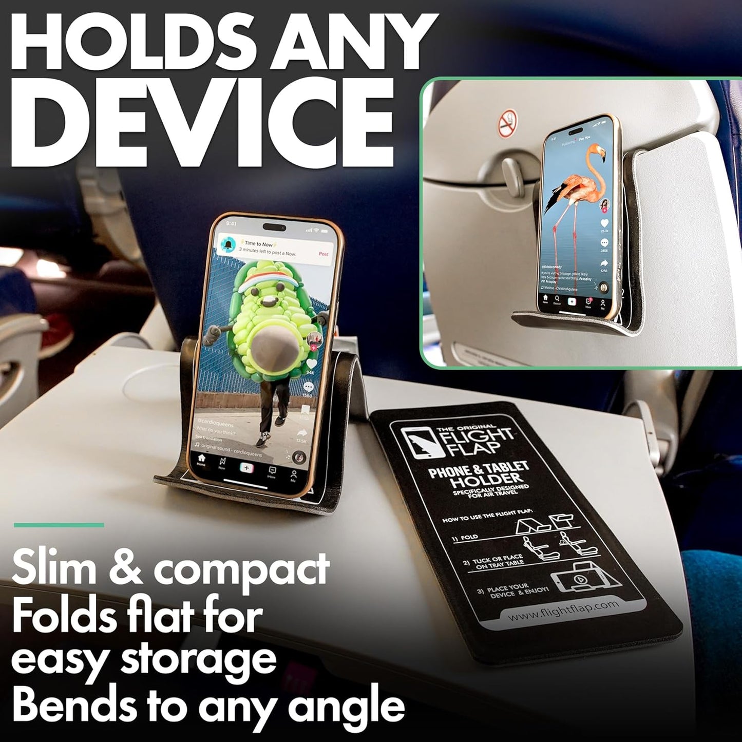 Airplane Phone Holder, Flexible Cell Phone Holder, Folding Cellphone Stand for Desk, Bed, Office, Treadmill - Airplane Accessories Long Flight Travel - Plane Essentials (Original Black)