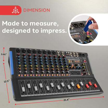 PYLE 12-Channel Bluetooth Studio Audio Mixer - DJ Sound Controller Interface with USB Drive for PC Recording Input, RCA, XLR Microphone Jack, 48V Power, For Professional and Beginners - PMXU128BT