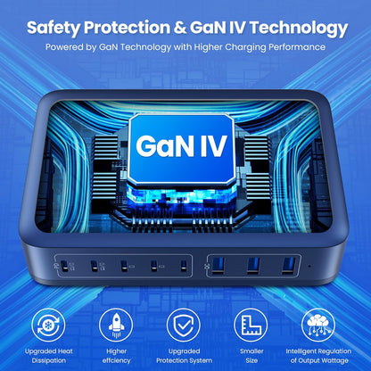 USB C Charger 415W USB C Charger Block, 8-Ports GaN IV Fast Charging Station Hub,Dual PD 100W Laptop Charger Adapter,for MacBook Pro/Air/iPad/iPhone16/15/14/13/Apple Watch/DELL/Samsung for Home(Blue)