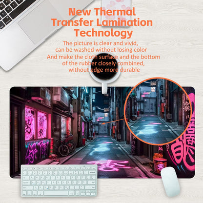 Desk Pad, Anime City Street Scene Desk Mat, Pink Neon Street Large Gaming Mouse Pad for Desk, 31.5"x15.7" Extended Big Computer Keyboard Mouse Pad with Non-Slip Base and Stitched Edge