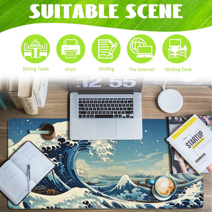 Desk Mat,Blue Japanese Sea Wave Desk Pad,Japanese Sea Wave Large Gaming Mouse Pad for Desk,Extended Big Computer Keyboard Mouse Pad with Non-Slip Base and Stitched Edge,35.4"x15.7"