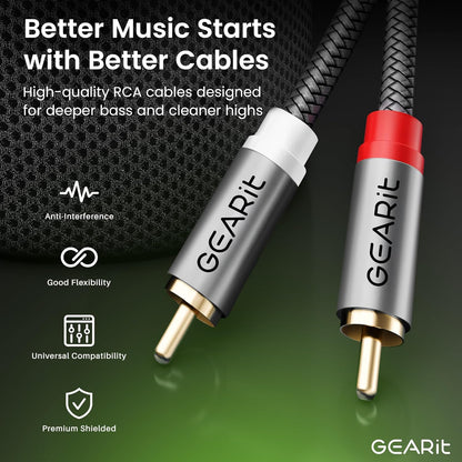 GEARit RCA Cable (10FT) 2RCA Male to 2RCA Male Stereo Audio Cables Shielded Braided RCA Stereo Cable for Home Theater, HDTV, Amplifiers, Hi-Fi Systems, Car Audio, Speakers, 10 Feet