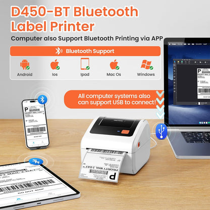 Bluetooth Thermal Shipping Label Printer - D450BT Thermal Label Printer 4x6 for Small Business & Shipping Packages, Compatible with iPhone, Android, iPad, Windows, macOS, USPS, Amazon, Tiktok