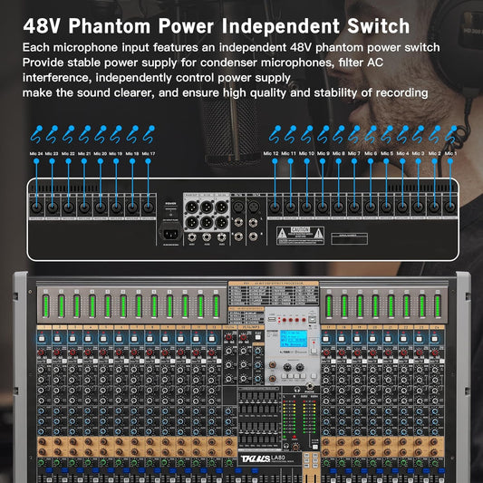 Professional Audio Mixer, 24 Channel Sound Board Mixing Console, Dual DSP Reverb, Dual 7-Band EQ, 48V Phantom Power, 4 Group Stereo Output Input, Mixer for Church