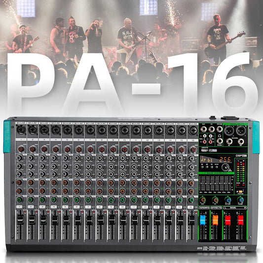Depusheng PA16 Professional Audio Mixer Sound Board Console Desk System Interface 16 Channel Digital USB Bluetooth MP3 Computer Input 48V Phantom Power Built-in 256 Reverb Effect, Black
