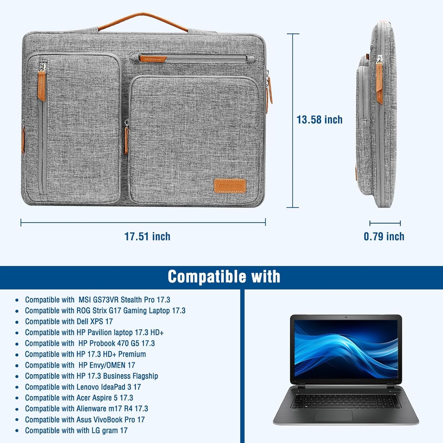 MOSISO 360 Protective Laptop Case 17.3 inch, 17-17.3 inch Laptop Sleeve Compatible with Dell, HP, Lenovo, Asus, Acer, Alienware, Side Open Carrying Case with 4 Zipper Pockets&Handle, Gray