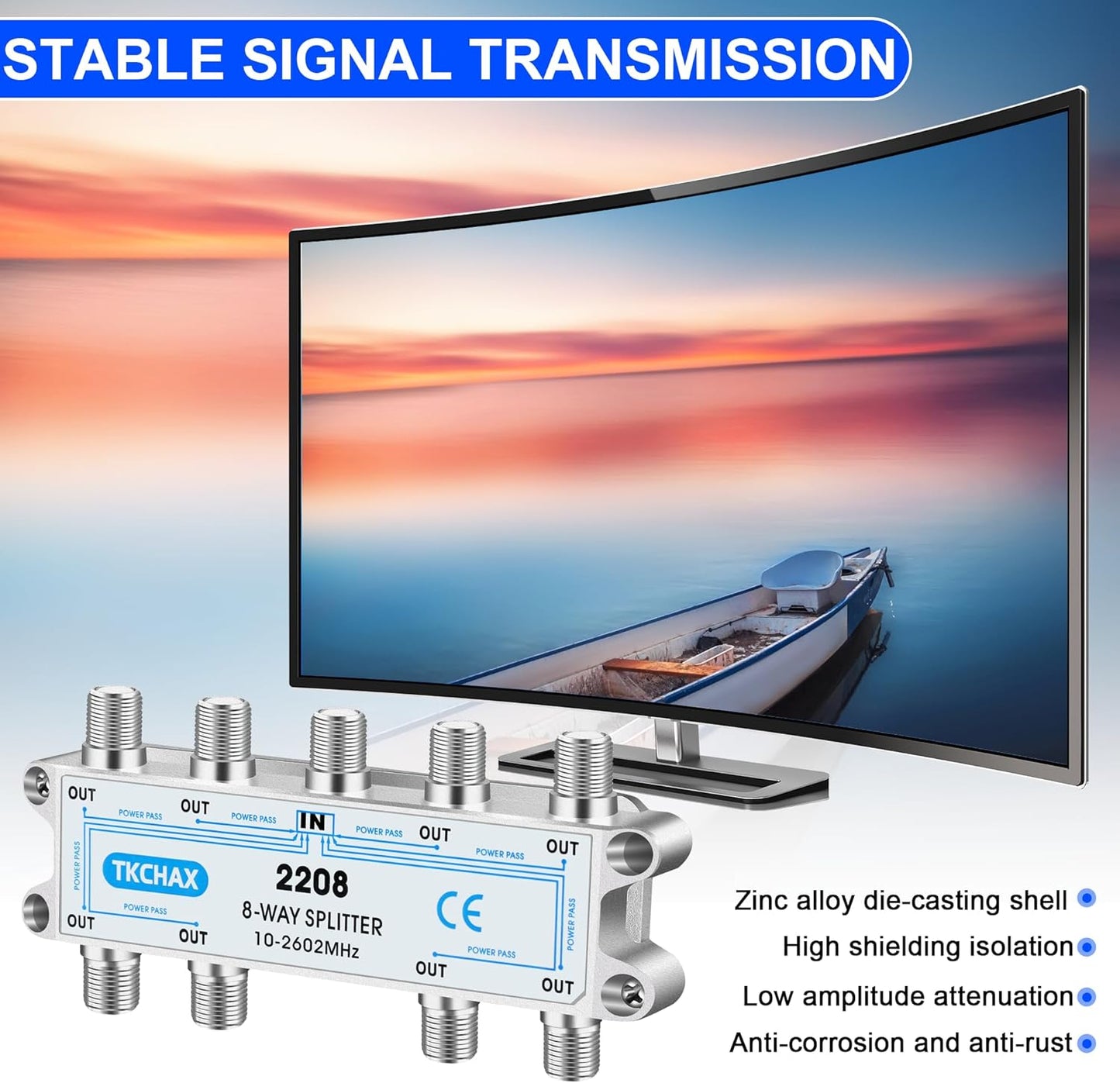 8 Way Coaxial Cable Splitter,Support 10-2602MHz, RG6 Compatible, Nickel-Plated for Cable Splitter,Work with CATV, Satellite TV,Antenna System and MoCA Configurations