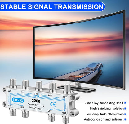 8 Way Coaxial Cable Splitter,Support 10-2602MHz, RG6 Compatible, Nickel-Plated for Cable Splitter,Work with CATV, Satellite TV,Antenna System and MoCA Configurations