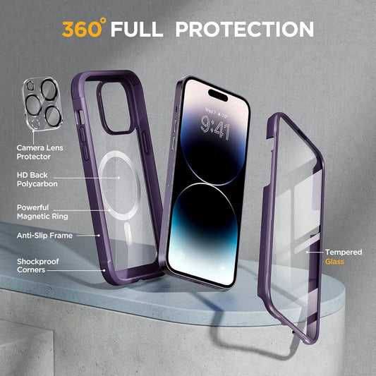 Miracase Magnetic for iPhone 14 Pro Max Case 6.7 inch, (Compatible with MagSafe) Upgrade Full-Body Clear Phone Bumper Case with Built-in 9H Tempered Glass Screen Protector, Magnetic Purple