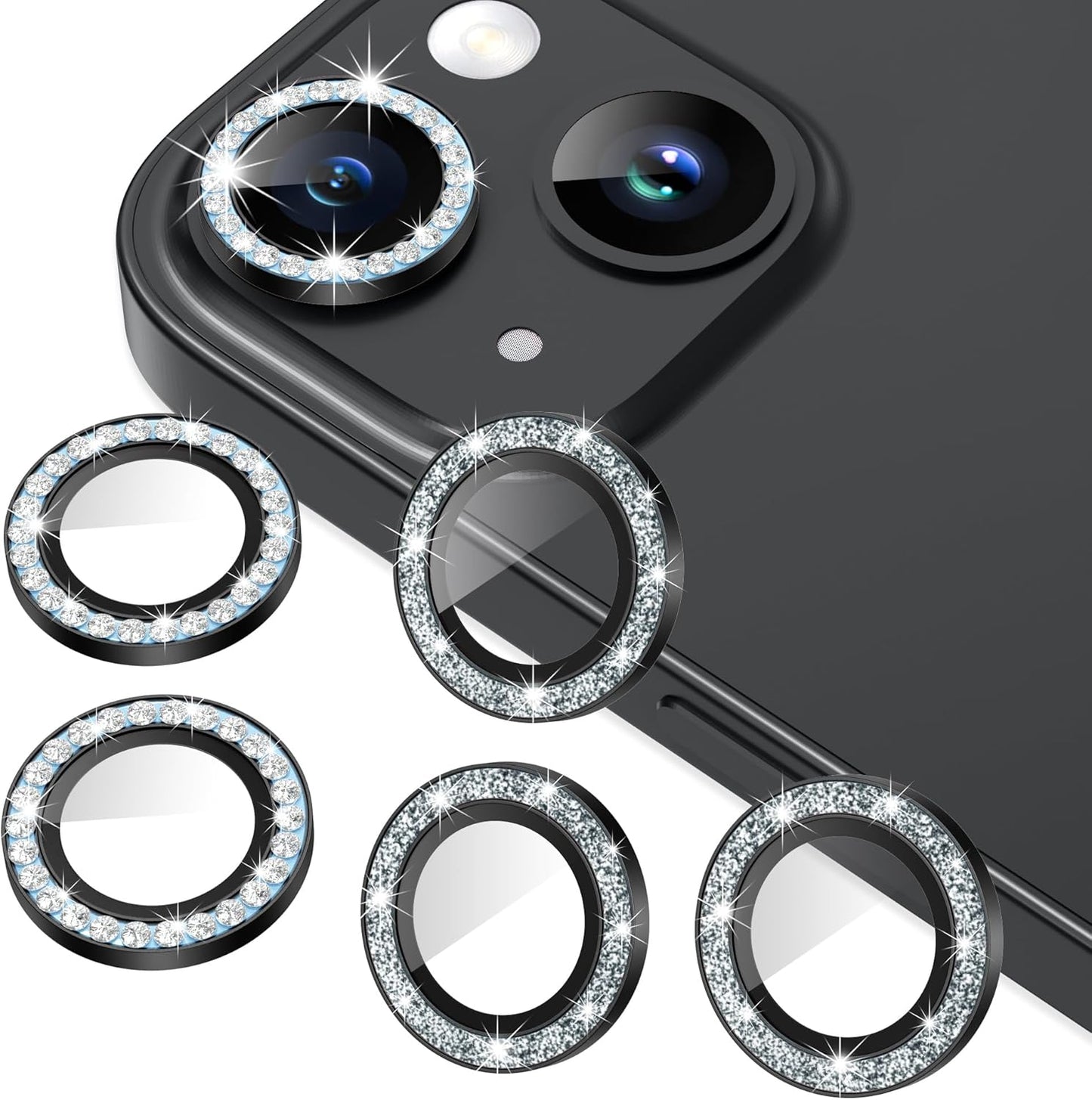 AGVEE 3+3 6 Pack for iPhone 15/15 Plus, Bling Diamond & Glitter Metal Ring 9H Tempered HD Glass Camera Protector Cover Film