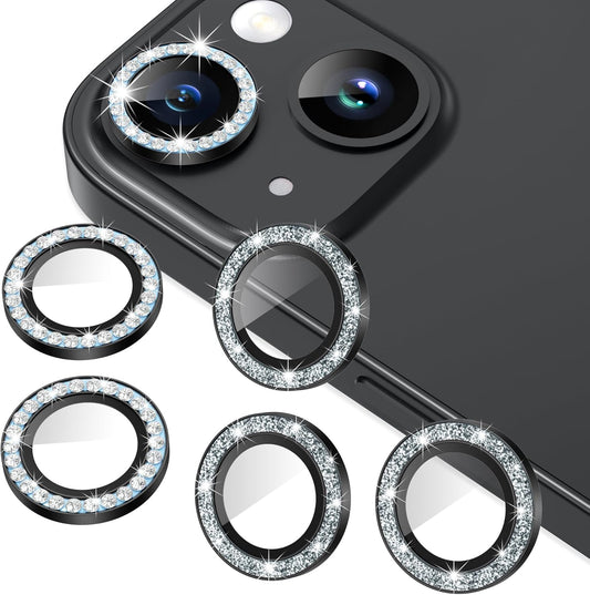 AGVEE 3+3 6 Pack for iPhone 15/15 Plus, Bling Diamond & Glitter Metal Ring 9H Tempered HD Glass Camera Protector Cover Film