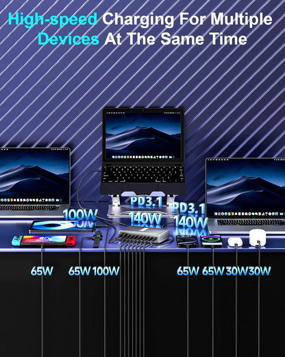 800W USB C Fast Charger Block, 10 Port USB Charging Station, GaN Ⅲ Pro Dual 140W PD PPS Port for Multiple Devices,Laptop Wall Charger Compatible with DELL, HP, MacBook Pro,iPhone 16,Galaxy S24