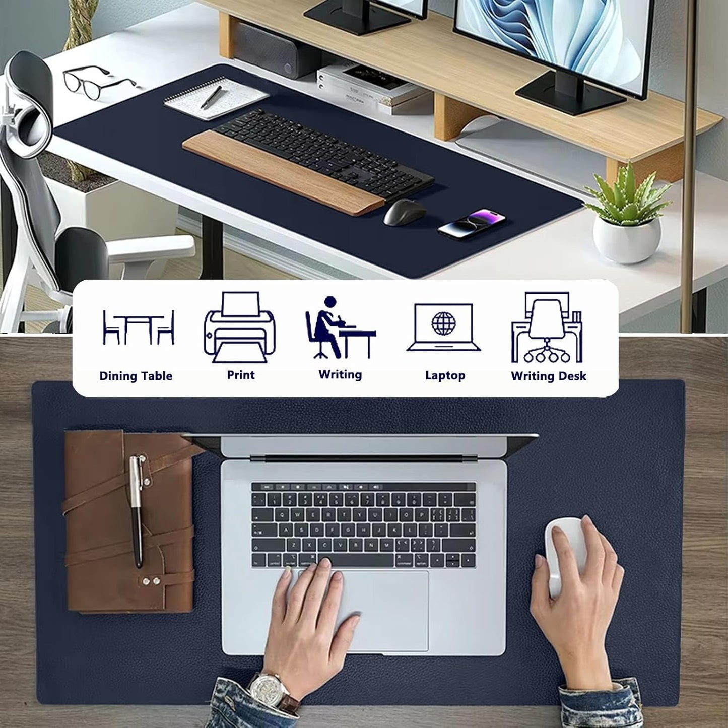 PU Leather Desk Pad Protector Gaming Mouse Pad Non Slip Desk Mat for Keyboard and Mouse Waterproof Desk Writing Pad for Office and Home Desk Accessories(Dark Blue, 31.5 * 15.7)