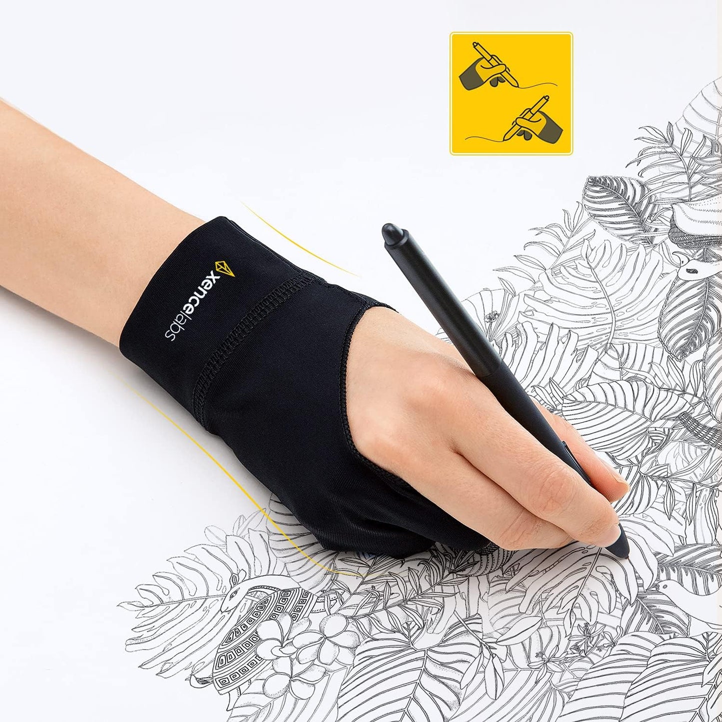 XENCELABS Drawing Glove, Breathable Artist Glove for Drawing Tablet, Two Fingers for Left Right Hand Black Size S