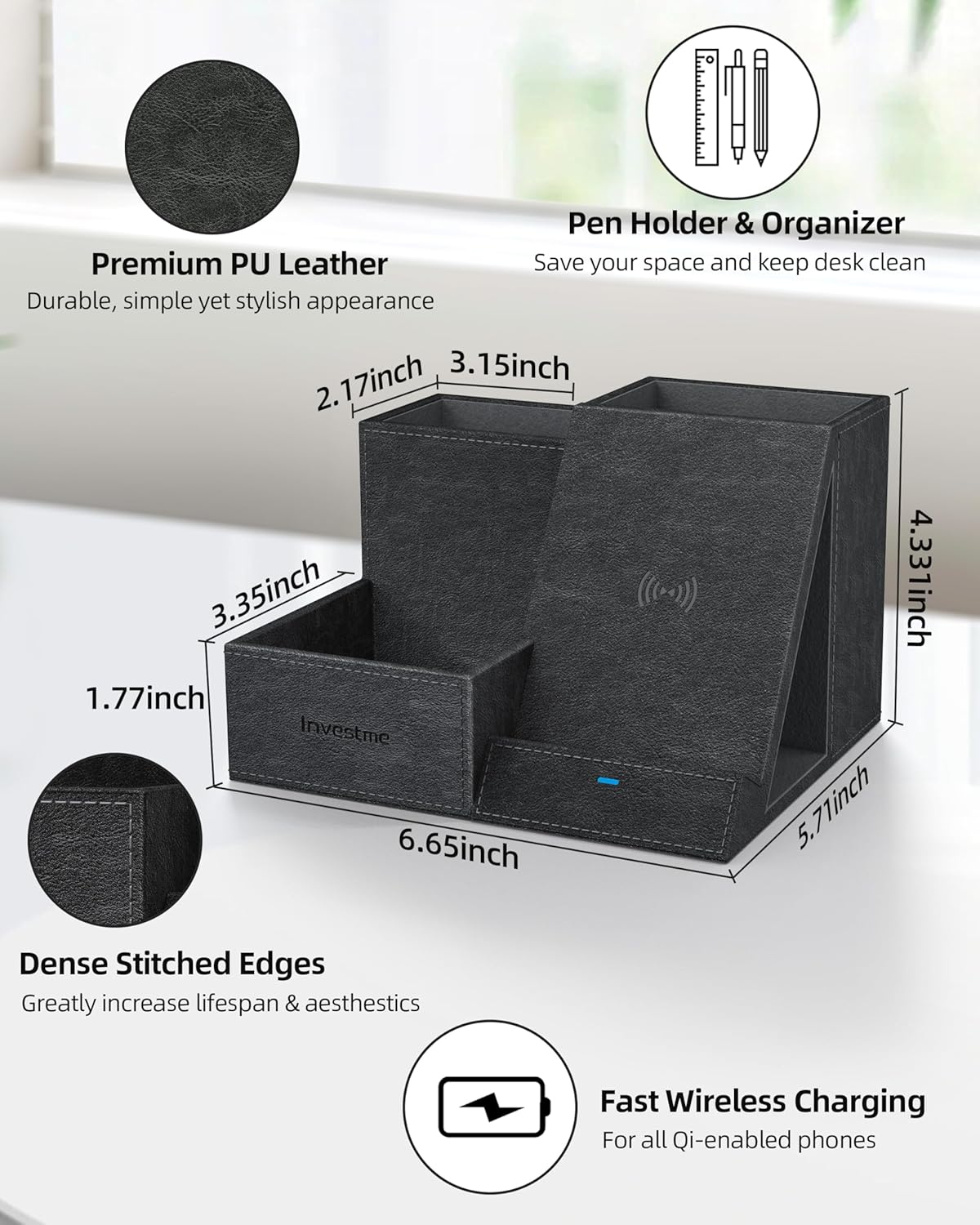 Wireless Charger with Desk Organizer, Pen Pencil Holder, Multifunctional Desktop Organizer, Office Supplies and Desk Accessories Organizer with 3 Compartments and 1 Phone Stand, PU Black