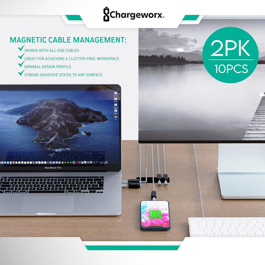 Magnetic Cable Clips [10-Pack] – Chargeworx Cord Organizer for Desk, Nightstand, Car, Wall – Strong Adhesive Wire Holder for USB-C, Lightning, Micro-USB – Tangle-Free, Snap-On, Easy Cable Management