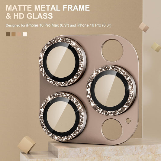 beuxece Compatible for iPhone 16 Pro/iPhone 16 Pro Max Camera Lens Protector, Bling Metal Tempered Glass Camera Screen Cover [Strong Adsorption][Case-Friendly]- Glitter Deep Titanium Desert