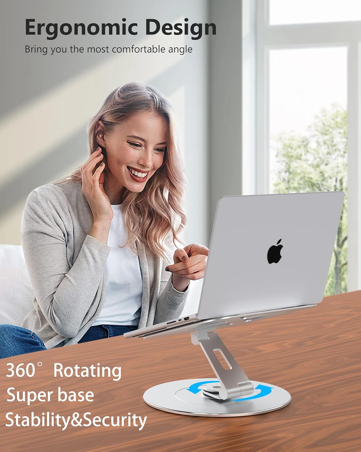 Ultra-Stable Swivel Laptop Stand for Desk with 360 Rotating Larger Base, Aluminum Anti-Loosening Structure, Height Adjustable Laptop Stand, Fits 10"-17.3" Laptops，Silver