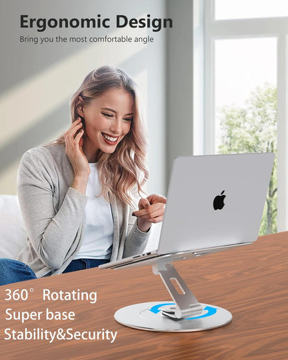 Ultra-Stable Swivel Laptop Stand for Desk with 360 Rotating Larger Base, Aluminum Anti-Loosening Structure, Height Adjustable Laptop Stand, Fits 10"-17.3" Laptops，Silver