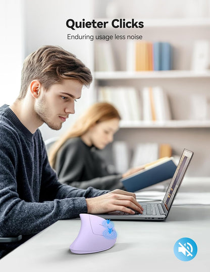 TECKNET Ergonomic Mouse, Rechargeable 2.4G+Bluetooth Vertical Mice 6 DPI Adjustable, Wireless Optical Carpal Tunnel Mouse for Right Hand, Silent 6 Buttons for Laptop, PC, MacBook, iPad - Light Purple