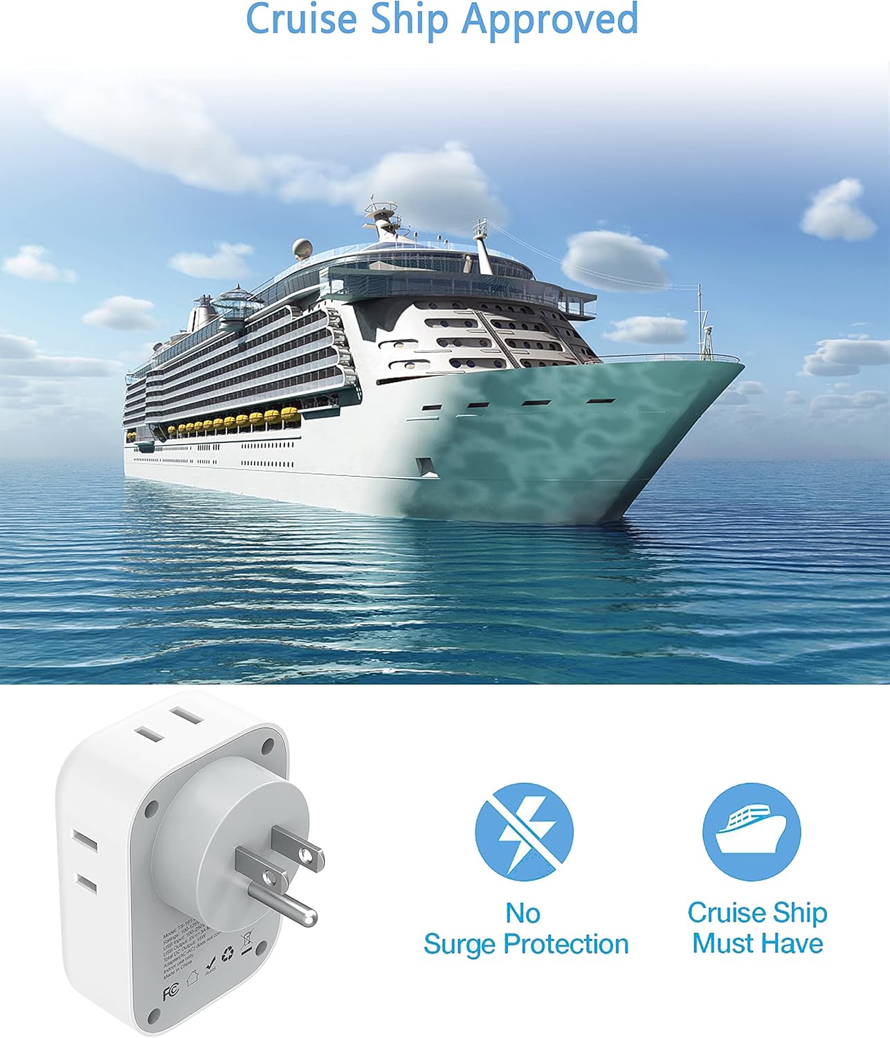 USB Wall Charger, TESSAN Wall Plug Adapter Outlet Extender, 3 Charger Block (1 USB C Port), Multi Charging Station for Cruise, Bathroom, Office, Dorm Essentials, White