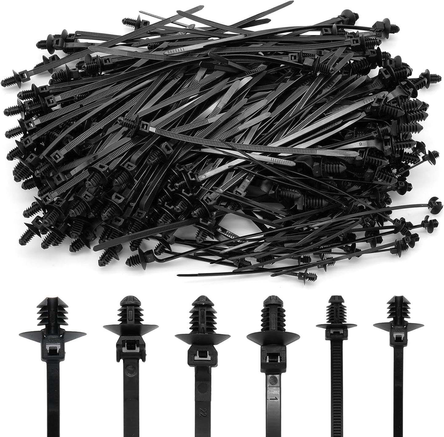 240 Pcs Push Mount Cable Ties Assorted Sizes, Black Nylon Push Mount Zip Ties Wire Harness Clips, 6-Types Snap in Zip Ties Self Locking Automotive Wire Ties for Wire Tying, Automotive