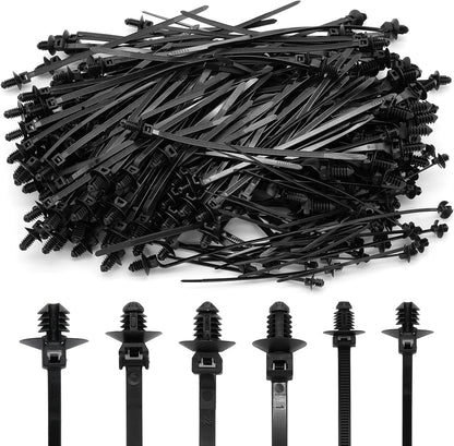 240 Pcs Push Mount Cable Ties Assorted Sizes, Black Nylon Push Mount Zip Ties Wire Harness Clips, 6-Types Snap in Zip Ties Self Locking Automotive Wire Ties for Wire Tying, Automotive