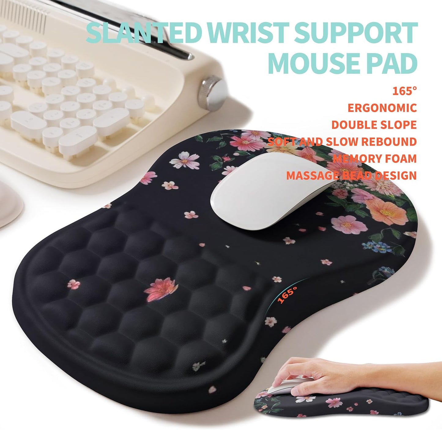 2-in-1 Ergonomic Set, Wave Rise Keyboard Wrist Rest and Massage Bulge Slope Mouse Pad Wrist Support, Cushion Memory Foam Integrated to Relieve Wrist Pain, Flower Dance