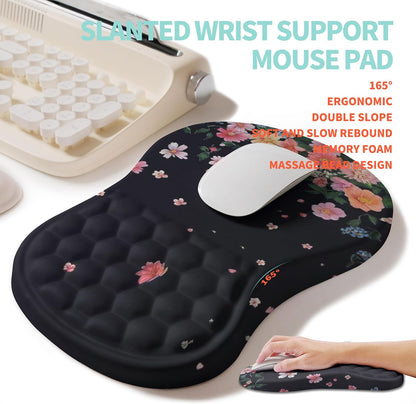 2-in-1 Ergonomic Set, Wave Rise Keyboard Wrist Rest and Massage Bulge Slope Mouse Pad Wrist Support, Cushion Memory Foam Integrated to Relieve Wrist Pain, Flower Dance