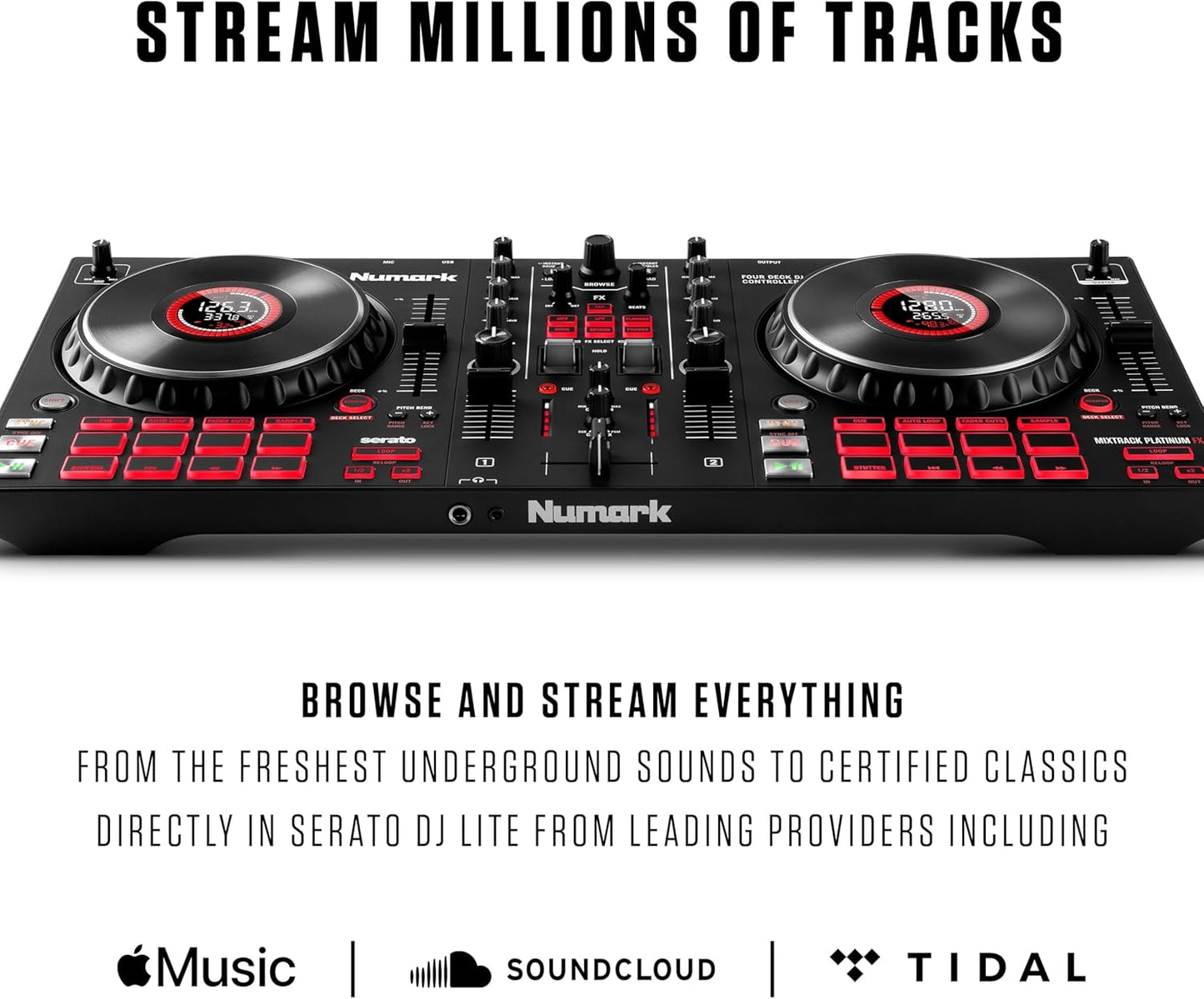 Numark Mixtrack Platinum FX Serato DJ Controller with Jog Wheel Displays, 4 Decks, Mixer, Effects Paddles and (Audio Interface)