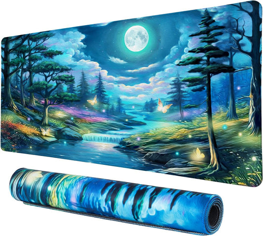 Lokigo Desk Pad, Extended Large Gaming Mouse Pad, Waterproof Starry Night Mouse Pad for Desk Rubber Base with Stitched Edges DeskMatt for Games Laptop Home Decor 31.5"x15.7", Forest Butterfly