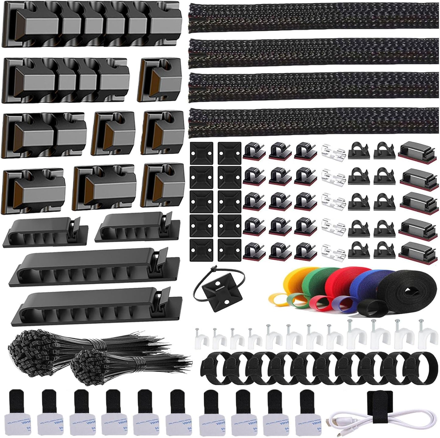 ELII 327 PCS Cable Management Kit 4 Cable Cable Sleeves,65 Cable Clips with 13Cord Holders,25 Roll Cable Organizer Straps,200 Fastening Cable Ties,20 Cable Zip Tie Mounts for Computer (Black)