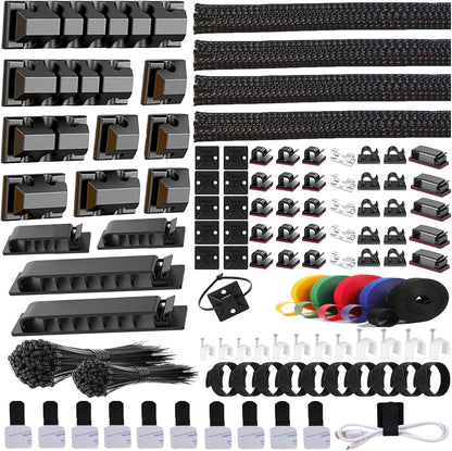 ELII 327 PCS Cable Management Kit 4 Cable Cable Sleeves,65 Cable Clips with 13Cord Holders,25 Roll Cable Organizer Straps,200 Fastening Cable Ties,20 Cable Zip Tie Mounts for Computer (Black)