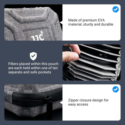 JJC Durable Lens Filter Pouch Case for 10 Circular Filters Up to 95mm 82mm, Dustproof & Water-Resistant Camera Lens Filter Storage Wallet for ND UV CPL Filter