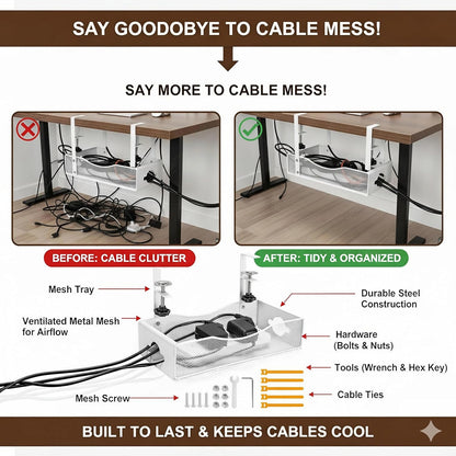 Extra Wide Under Desk Cable Management - No Drill Installation Cable Management Tray, Modern Cord Organizer for Office/Home Desk, Fits Power Strips & Wires((White, XL)