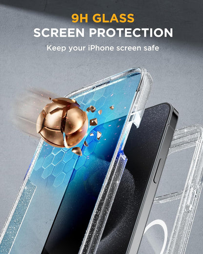 Miracase Magnetic for iPhone 15 Pro Case [Compatible with MagSafe] Full-Body Phone case with Built-in Glass Screen Protector& Camera Protector, Military Drop Proof 15 Pro Cover, Magnetic Clear Glitter