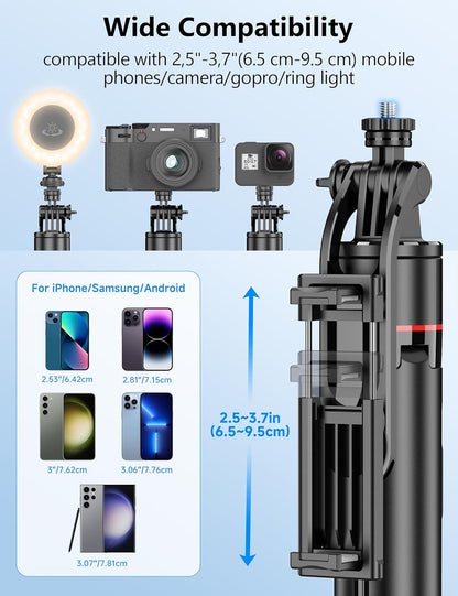 70'' Automatic Tripod, Extendable Selfie Stick Phone with Magnetic Remote & 1/4" Screw Camera Tripod Lightweight Travel Tripod for Cell Phone Compatible with iPhone 16/15/14/13/12/Android