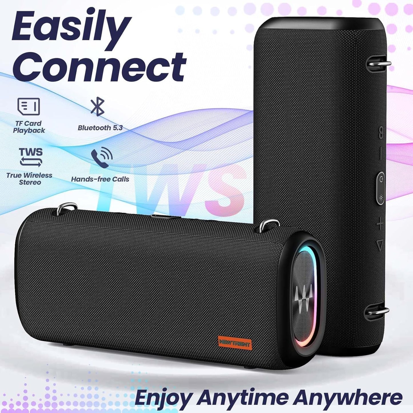 Vibe Pro Outdoor Bluetooth Speaker, 80W Peak Loud Portable Wireless Speaker, Waterproof IPX65, Deep Bass, RGB Lights, Studio Quality Sound Powered by Waves Audio, Party & Pool Ready (Black)